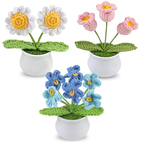 Aeekkya 3pcs Crochet Flowers Pot, Cute Handmade Crochet Flower Desk Decor with Sunflower, Lily of the Valley, Forget Me Not, Gift for Women, Mom, Teacher, Friend, Birthday, Mother’s Day, Thank You