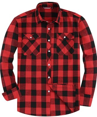 JupiterSecret Chemise en flanelle pour homme, à manches longues, à carreaux, coupe droite, avec col boutonné et poche de poitrine, Rouge écarlate., XL