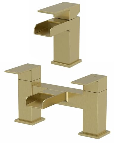 Architeckt® Dakota Bathroom Waterfall Bath Filler Mixer Tap and Basin Tap Set Deck Mounted Square Twin Lever Handle Modern, Brushed Brass