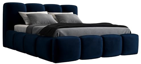 A&J MöbelLand Polsterbett 140x200 mit Bettkasten und Lattenrost – DONA-OM, Bett mit Stauraum in Dunkelblau ohne Matratze