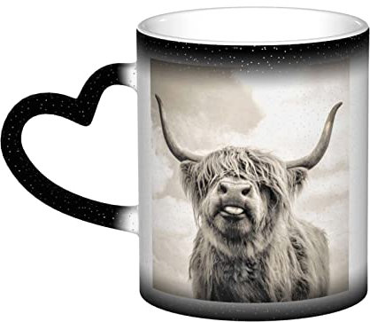 Funny Highland Cow Print Coffee Mugs, Colour Changing Mug Ceramic Heated Sensitive Novelty Coffee Mug Funny Mugs for Men Women 11oz Black