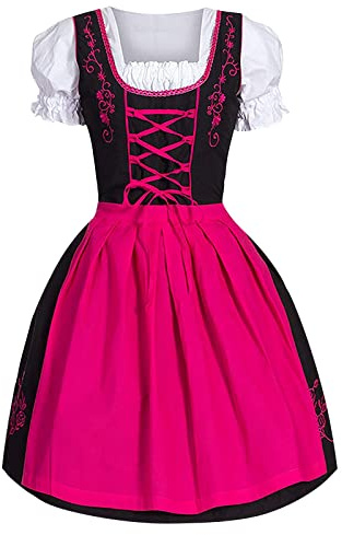 KBOPLEMQ Women's O Rosa Pink Midi Dirndl Skirt with Blouse and Cardigan, Oktoberfest Costume, L