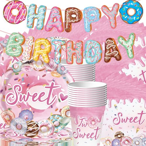 62 Stück Donuts 2 Jahre Kinder Party Geschirr Set, Macaron Farbe Donuts Thema, Geburtstagsparty Zubehör, Jungen Mädchen Kuchen Dekoration, Tuch, Tasse, Handtücher, Pappe, für 20 Gäste
