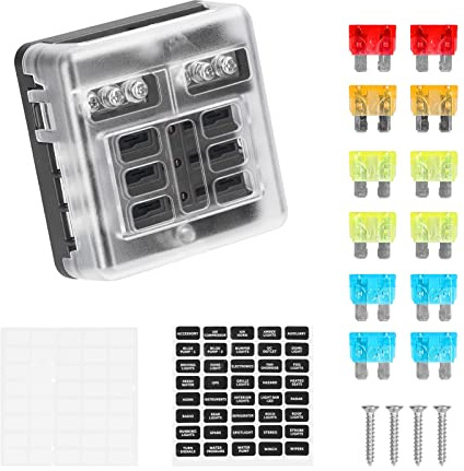 VOBOR 6 Fach Kfz Sicherungshalter 12 Volt, mit LED-Anzeige Wasserdichte Schutzabdeckung und 12 Sicherungen, Sicherungskasten für DC 12V / 24V Auto, Boot, Van, Suv, LKW (6 Fach)