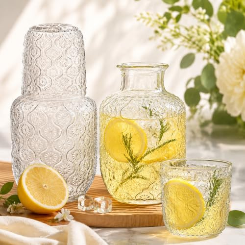 Xygobla Vintage Bedside Water Carafe Set | 500ml Glass Juice Pitcher with 150ml Cup Lid, Thick Glasses Mouthwash Decanter for Bedroom Nightstand, Bathroom & Kitchen