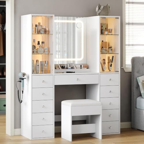FUSOU Dressing Table with 11 Drawers & 2 Large Storage Cabinets, Adjustable Glass Shelf, Dressing Table with Mirror and Stool, Vanity with Glass Top and Power Outlet, Vanity Desk for Bedroom, White