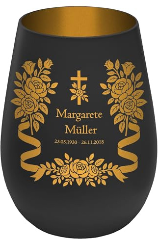 Trauer Windlicht aus Glas mit Kreuz & Rosen Motiv – Gravur mit Name, Daten & Wunschzeile – Erinnerung, Gedenklicht für Verstorbene, Grablicht, Schwarz/Gold