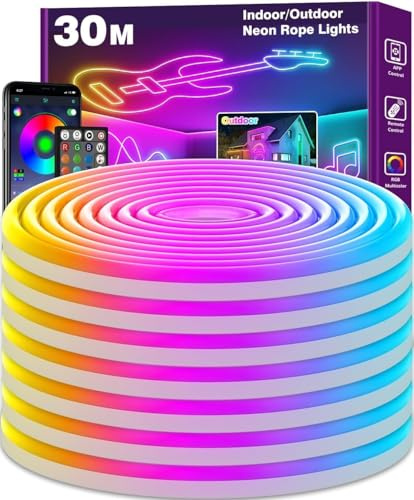 LETIANPAI 30M Neon LED Strip, Flexible LED Strips, Control with App/Remote, Multiple Modes, Waterproof, Music Sync Gaming Strip Lights for Bedroom Indoor, IP65 Outdoor RGB Neon Lights