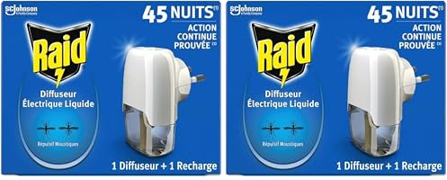 Raid Diffuseur Électrique Liquide Répulsif Moustiques et Moustiques Tigres 45 Nuits - 1 Diffuseur et 1 Recharge (Lot de 2)