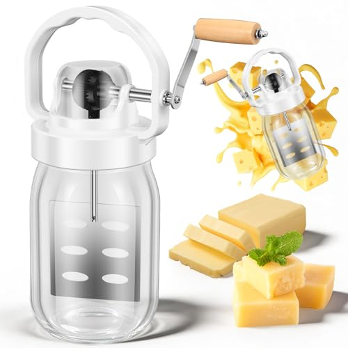 Classical Butter Churner,1.5L/51oz Manual Butter Churn with Wooden Handle and Glass Jar,Hand Crank Mason Jar Blender Tool Kitchen Gadget for Baking