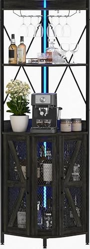 Armadio angolare per vino con presa elettrica e striscia LED, mobile da bar a 5 ripiani con porta bicchieri, porta a traliccio, credenza in stile industriale, per cucina, sala da pranzo e piccoli