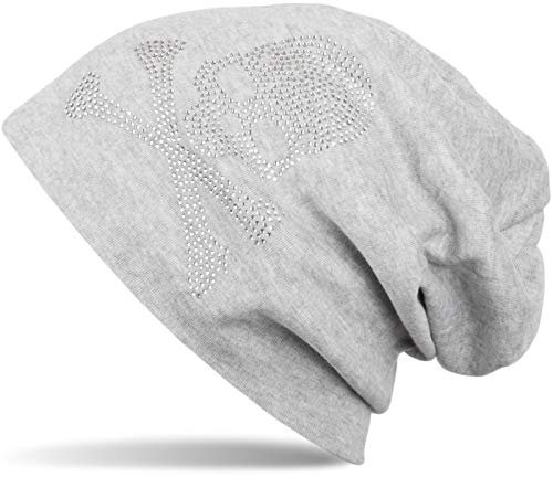 styleBREAKER Klassische Beanie Mütze mit Totenkopf Strass Applikation, Unisex 04024034, Farbe:Hellgrau meliert, Materialart:leicht