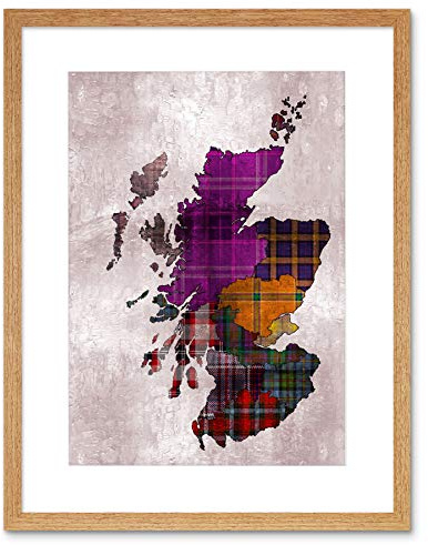 Wee Blue Coo Painting Map Outline Scotland Tartan Inset Regions Framed Wall Art Print
