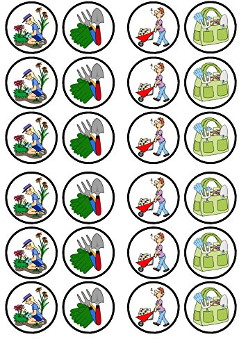 Gardening Edible Cupcake Toppers, Gardener Birthday Party and Retirement Cake Decorations – 24 x 4cm Discs (UNCUT)