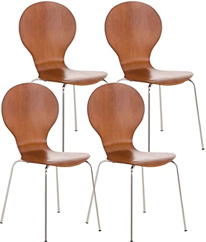CLP 4X Stapelstuhl Diego l Ergonomisch geformter Konferenzstuhl mit Holzsitz und Metallgestell I Stapelbarer Stuhl mit pflegeleichter Sitzfläche, Farbe:braun