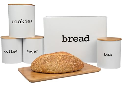 Canister Set for the Kitchen (5 Pieces) - White Tin Organizers w Air Tight Lids - Tea, Sugar, Coffee, Christmas Cookie Jar, Breadbox & BONUS Bamboo Cutting Board- Holiday Baking Containers - XMAS Gift