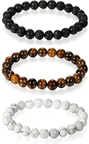 Flongo 3 Stück 8mm Energiearmband Energie Armband Armreif Link Handgelenk EnergieStein Imitation Tiger-Auge Lava Weißer Türkis Braun Schwarz Weiß Gebet Mala Kugel Perle Herren,Damen