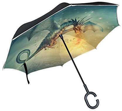 Mnsruu Umgekehrter Regenschirm, Drachenmuster, doppellagig, faltbar, winddicht, Anti-UV, winddicht, Reiseschirm für Damen und Herren