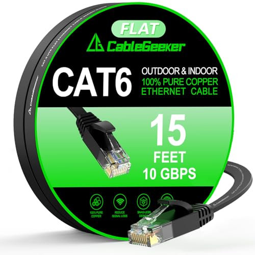 Cat 6 Ethernet Cable 15 ft, Indoor&Outdoor, High Speed 10Gbps Flat Internet Network Cable, Pure Copper Ethernet Patch Cable Long, Computer LAN Cable with Clips & Straps for Router, Modem, PS4/5, Black