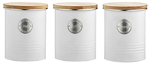 EHC Arctic Set of 3 Round White Tea, Coffee & Sugar Storage Container Jar With Airtight Lids, 1Litre - White
