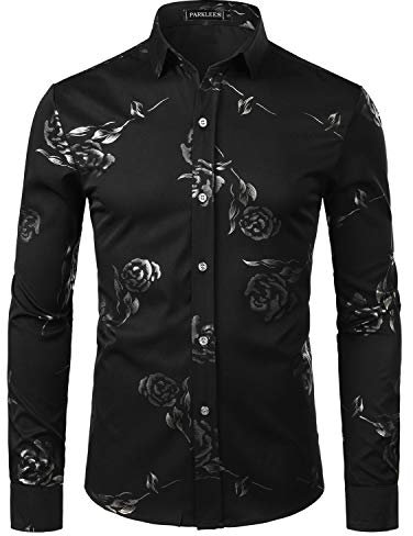 PARKLEES Mens Hipster Gold Rose Printed Slim Fit Long Sleeve Dress Shirts/Prom Performing Shirts PZ56 Black S