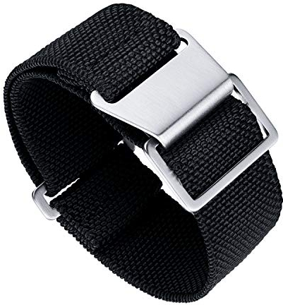 BINLUN Elastisch Nylon Uhrenarmband 18mm 20mm 22mm Parachute Marinetaucher Fabric Stoff-Armbänder Militär Ersatzband für Uhr Damen&Herren - Upgrade Hakenverschluss(Schwarz，Silberne Schnalle,22mm)