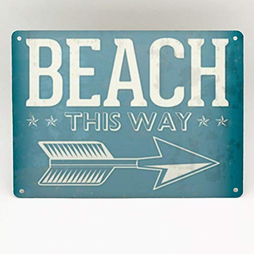 Inga Beach This Way Targa in metallo da parete vintage retrò mare all'aperto Hut Surf Arrow divertente cartello di latta 20,3 x 30,5 cm