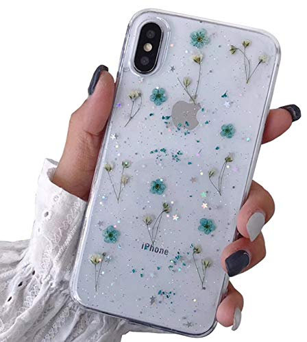 Tybiky iPhone 11 Case Mobile Phone Case Flower iPhone 11 Mobile Phone Cases Crystal Real Dried Flowers Protective Silicone Back Cover iPhone 11 TPU Bumper Case Cover for iPhone 11 Little Blue Flower