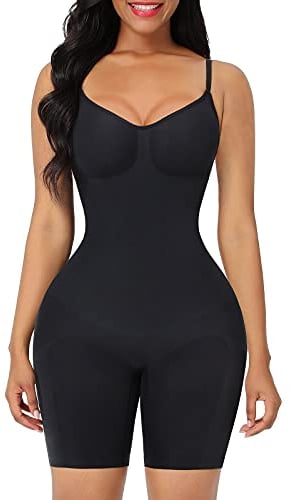 FeelinGirl Shapewear Damen Body Shaper Bauchweg Sculpting Nahtloser Atmungsaktiver Bodysuit mit Verstellbarem Schultergurt Überbrust V-Ausschnitt Schwarz M/L