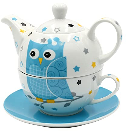 Dekohelden24 Porzellan Teekannen-Set/Tea for one mit Eule in weiß/blau, 3-teilig, L/B/H 16 x 14 x 10 cm, Fassungsvermögen Kanne - Tasse 400-200 ml