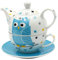 Dekohelden24 Porzellan Teekannen-Set/Tea for one mit Eule in weiß/blau, 3-teilig, L/B/H 16 x 14 x 10 cm, Fassungsvermögen Kanne-Tasse 400-200 ml, 10 cm