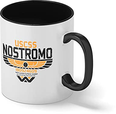 USCSS Nostromo Aliens Inspired Weyland Corp Premium Weiße Kaffeetasse Mug mit schwarzen Felgen & Griff
