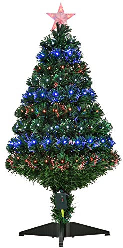 HOMCOM Albero di Natale Artificiale 90cm in Plastica con 90 Luci LED e Fibre Ottiche, 90 Rami e Base Pieghevole, Verde