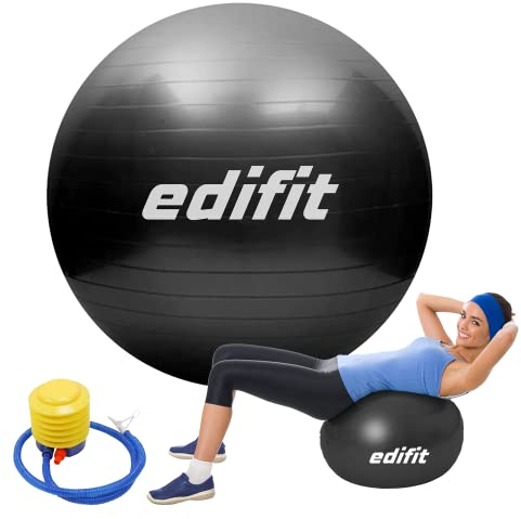 EDIFIT, Gymnastikball, 55, 65 und 75, Pezziball, Einschließlich Inflator, Pilates Ball, Sitzball, Pilates, Yoga Ball, Gymnastik (75 cm, Schwarz)