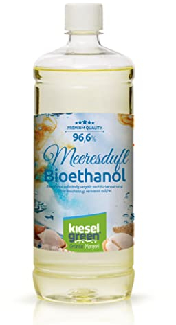 KieselGreen Bioethanol 1 Liter mit Duft für Ethanol-Kamin, viele Sorten - Bio Ethanol als Raumduft in vielen Duftnoten - Parfüm für Bio Ethanol Kamin Indoor oder Bioethanol Tischfeuer (Meeresduft)