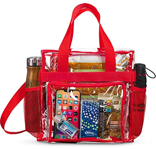 Stadion-zugelassene transparente Lunchtüte {groß} mit verstellbarem Riemen, Ablagefach vorne und Netztaschen (rot)