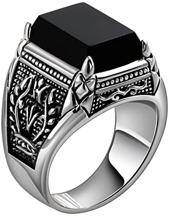 Homxi Punk Ringe Herren,Ring Rechteck mit Schwarz Achat Ringe Herren 925 Silber Silber