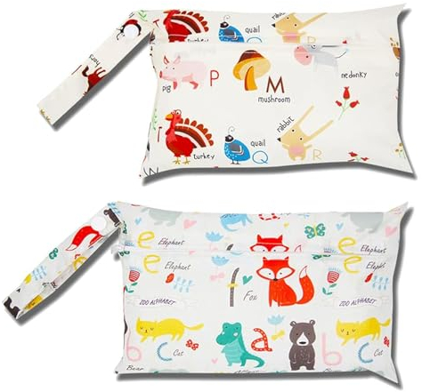 Windeltasche, 2 Stück kleine Windeltasche, Kindertasche für Reisen, Neugeborene, Dry Bag, waschbar, wiederverwendbar, wasserdichter Reißverschluss, Organizer (Kleiner Zoo + Kleintierbuchstaben)