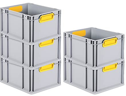 PROREGAL SuperSparSet 5x Eurobox NextGen Color | HxBxT 22x30x40cm | 20 Liter | Griffe gelb geschlossen | Glatter Boden | Eurobehälter, Transportbox, Transportbehälter, Stapelbehälter