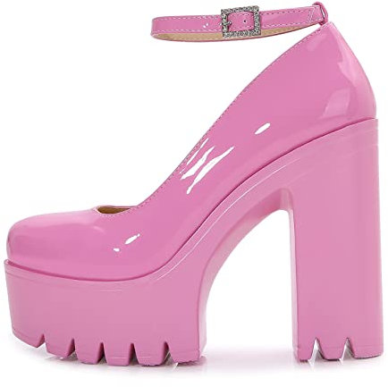 Sandali con Tacco con Plateau Rosa da Donna, décolleté Mary Jane con Tacco Grosso da 5 Pollici / 13 cm, Mocassini da Passeggio all'aperto, Scarpe con décolleté per Feste di Nozze,Rosa,38