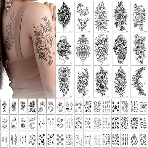 79 Blätter Realistic Temporary Tattoos für Frauen, Long Lasting Semi Permanent Tattoo, Waterproof Large Flowers Rose Hand Tattoos Aufkleber und Fake Tattoos für Erwachsene Mädchen