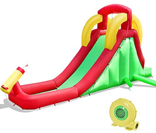 RELAX4LIFE Scivolo Acquatico Gonfiabile, 470 x 120 x 242CM, Parco Gonfiabile con Scivolo e Parete da Arrampicata, Scivolo da Gioco con Cannone d’acqua Divertente per Bambini (Con soffiatore)