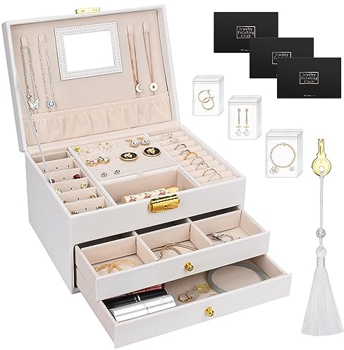 TAVADA Caja Joyero de 3 Niveles,Joyeros Mujer Organizador,Estche de Joyería,Organizador Joyas Cuero PU con 2 Cajones,Incluye 1borla y 3 paño para pulir plata para Pendientes,Anillos,Collares