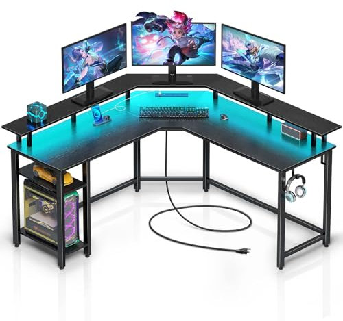 Rolanstar L-Shaped Gaming Desk with LED Lights, Power Outlets, Corner Computer Desk with Storage Shelves - PC Writing Table for Home Office, Black (135x135x86cm)