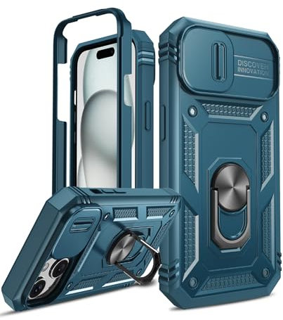 LeYi for iPhone 15 Case with Camera Cover Slider(Not include Screen Protector), Front Frame+Back Case, Full Body Armour Military Grade Shockproof Phone Cover | Ring Stand Holder for iPhone 15 Blue
