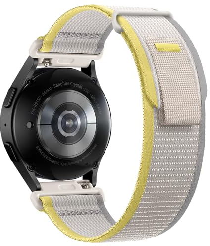 PIOWNN 20mm Trail Loop Sportarmband Kompatibel mit Samsung Galaxy Watch 7 6 5 4 Armband 44mm 40mm, Nylon Klettverschluss Band für Watch 6 Classic/Watch 5 Pro/Watch 4 Classic/Active 2/Watch 3,Grau/Gelb