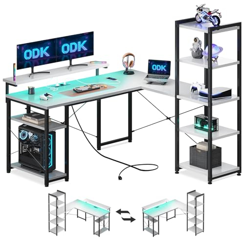 ODK Schreibtisch Bürotisch L-Form 137x140cm mit LED, Eckschreibtisch Reversibel für Homeoffice, Moderner Gaming Schreibtisch mit Steckdosen + USB, Integriertes Regalsystem & Kabelmanagement in Weiß