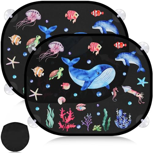 Mngevcy Sonnenschutz Auto Baby mit UV Schutz (2er Set), 44x36.5 Sonnenschutz Auto Kinder mit 8 Saugnäpfen, Motiv: Ozean Welt
