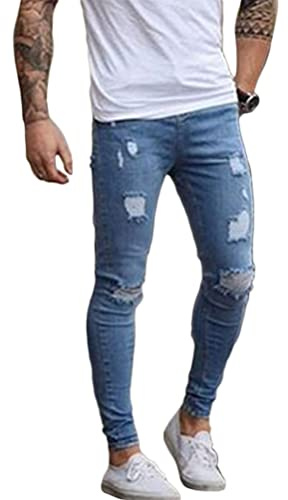 Oanviso Jean Troué Homme Style Hip Hop Détruit Trou Pantalon en Denim Extensible Couleur Unie Jeans Trou Cassé Streetwear Jeans Moulants Trekking Grande Taille J Bleu Clair L