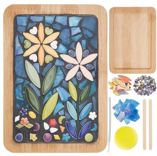 WEBEEDY DIY Mosaik-Bastelset Gemischte Farben Baumblätter Keramik-Mosaikfliesen Mosaik-Bambus-Untersetzer-Sets Mit Rechteckigem Untersetzersockel Für Handgefertigte Mosaik-Untersetzer Heimdekoration